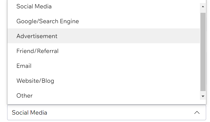 Dropdown menu with options for 'How did you hear about us?' showing selections like Social Media, Google/Search Engine, Advertisement, Friend/Referral, Email, Website/Blog, and Other.