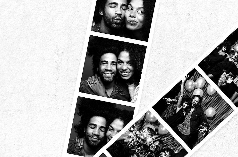Black and white party photo collage with smiling guests and celebration snapshots
