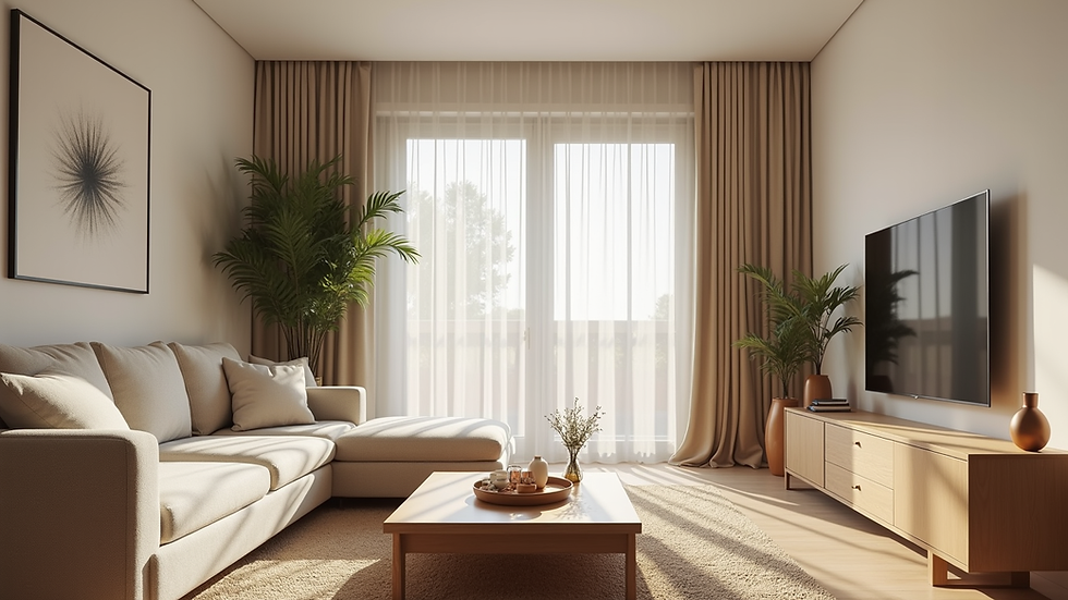 Eye-level view of a peaceful living room with vastu-aligned furniture