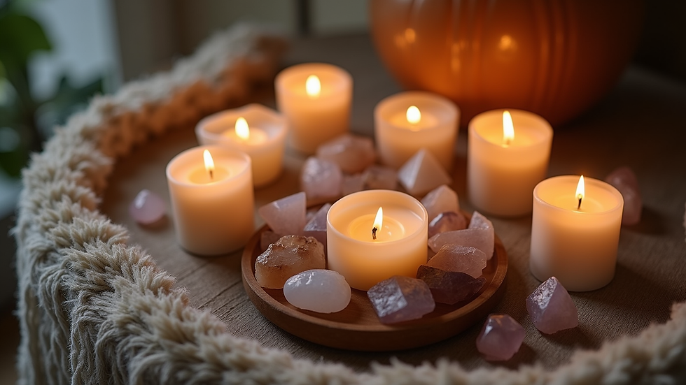 High angle view of a peaceful altar with candles and crystals