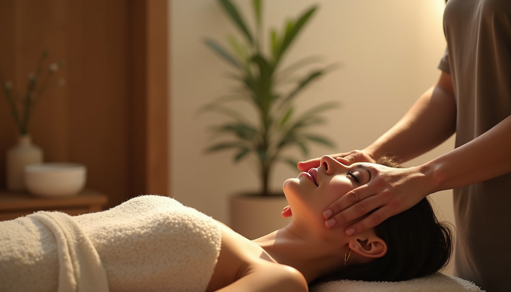 Eye-level view of a serene healing session with a practitioner using Lama Fera technique on a relaxed individual