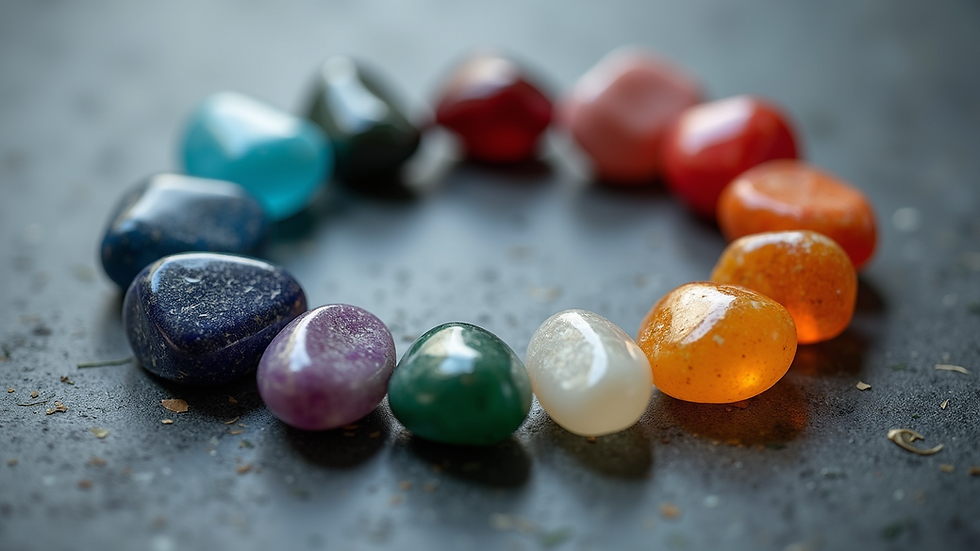 Close-up view of colorful chakra stones arranged in a circle
