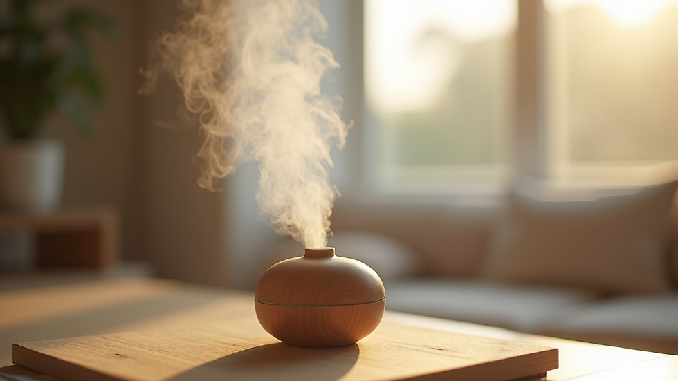Eye-level view of a diffuser releasing aromatic mist in a calm room