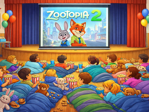 Kids watching Zootopia 2 in sleeping bags