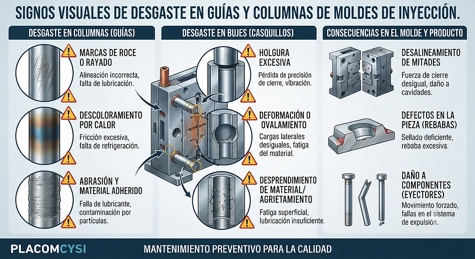 Signos visuales que indican desgaste en guías y columnas de moldes de inyección.

