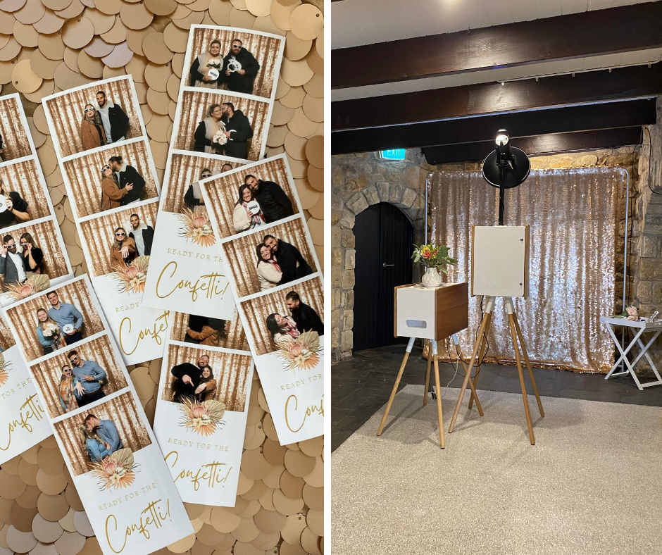 some photo strips from a photo booth placed on a sequin backdrop