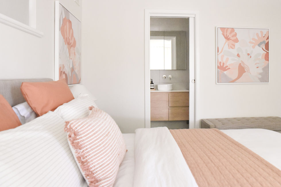 Bedroom interior design, neutral palette with accent colours