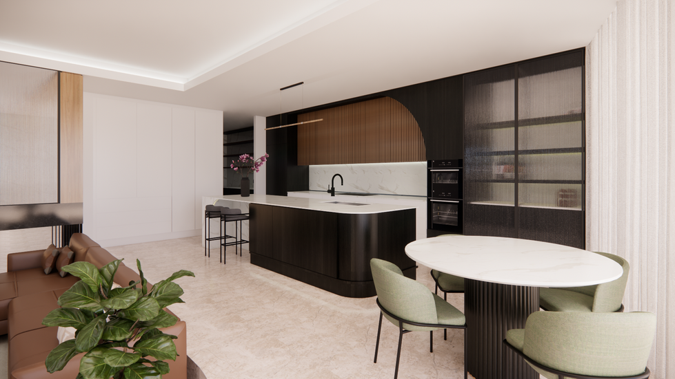 Realistic 3D render image of luxury kitchen and dining space