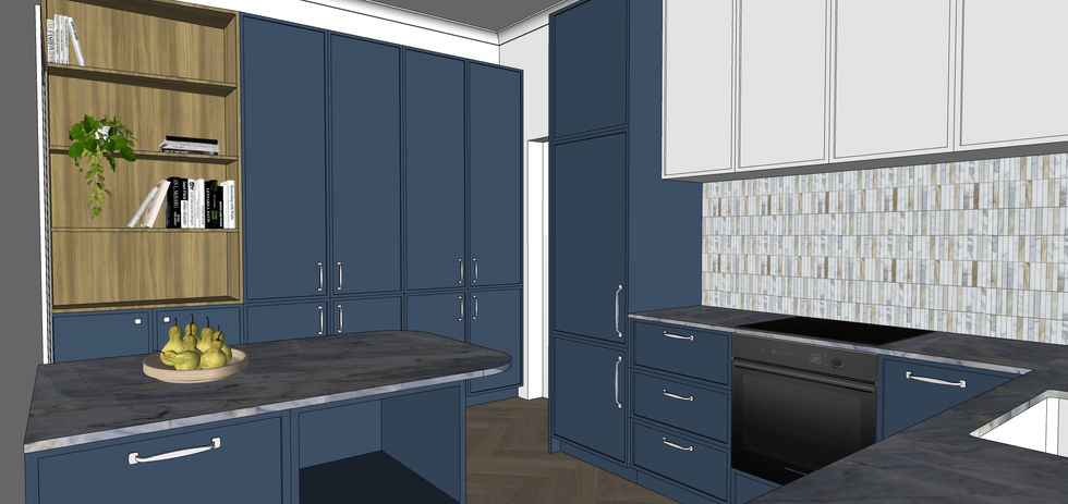 Kitchen perspective view from SketchUp 3D model showing decorative shelving, shaker profile cabinetry and marble tiled splashback.