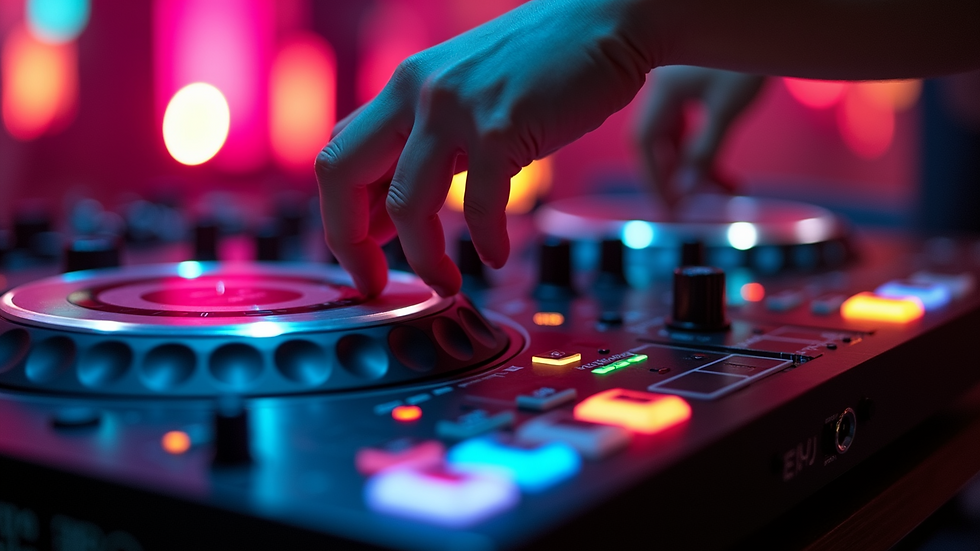 Close-up view of DJ equipment with colorful lights