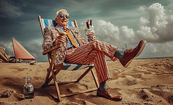Old gentleman sat on a deckchair on beach eating an icecream