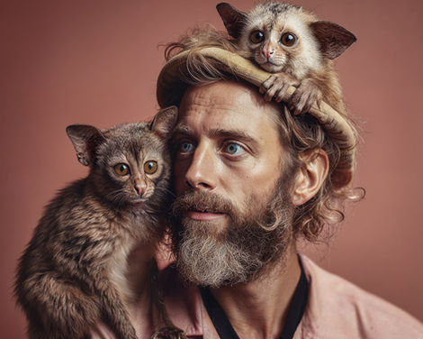 Portraits of hipster guys with furry animal pets