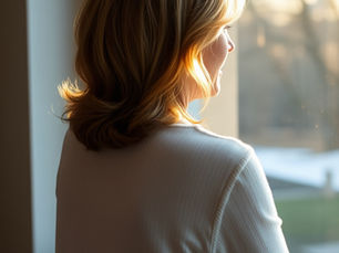 Midlife woman looking out of a window in warm natural light.