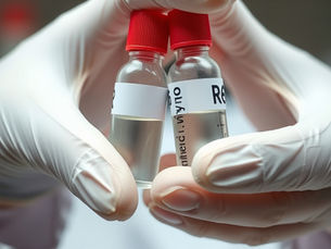 Gloved hands holding laboratory sample tubes for digestive health testing.