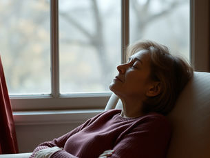 A woman resting in a chair by a window.