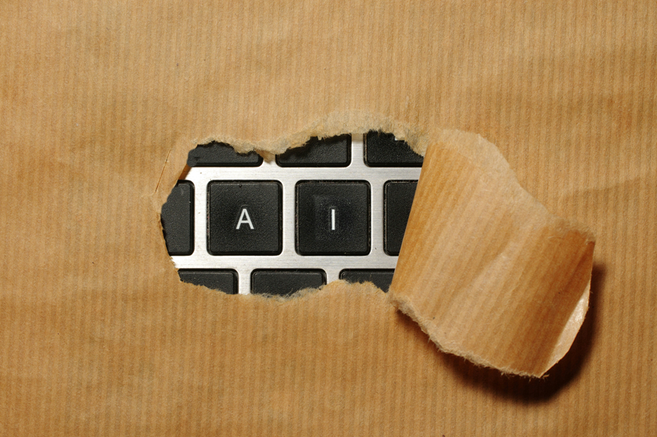 Torn brown paper reveals "A" and "I" keys on a keyboard, suggesting technology emergence. The background is a close-up of the keys.