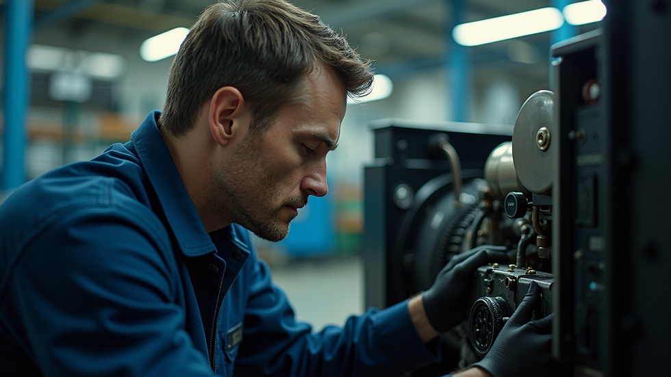 Close-up view of a technician inspecting a generator's engine