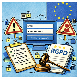 Illustration pédagogique représentant la création d’un compte en ligne encadrée par le RGPD, avec un écran d’inscription entouré de symboles de protection des données, de conformité juridique et du cadre européen.