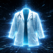 Blouse blanche holographique dans un univers numérique futuriste symbolisant l’usurpation d’autorité médicale par l’IA.