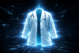 Blouse blanche holographique dans un univers numérique futuriste symbolisant l’usurpation d’autorité médicale par l’IA.