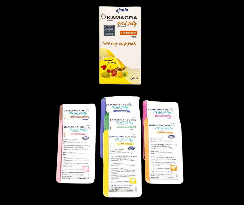 Kamagra 100 mg Oral Jelly boxes and colorful flavor sachets on a black background, labeled mint, mango, cherry, lemon, and more.