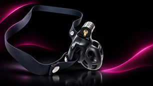 Black chastity cage with strap on glossy black background and pink waves; text says Green Flags of a Healthy Locked Chastity Sub