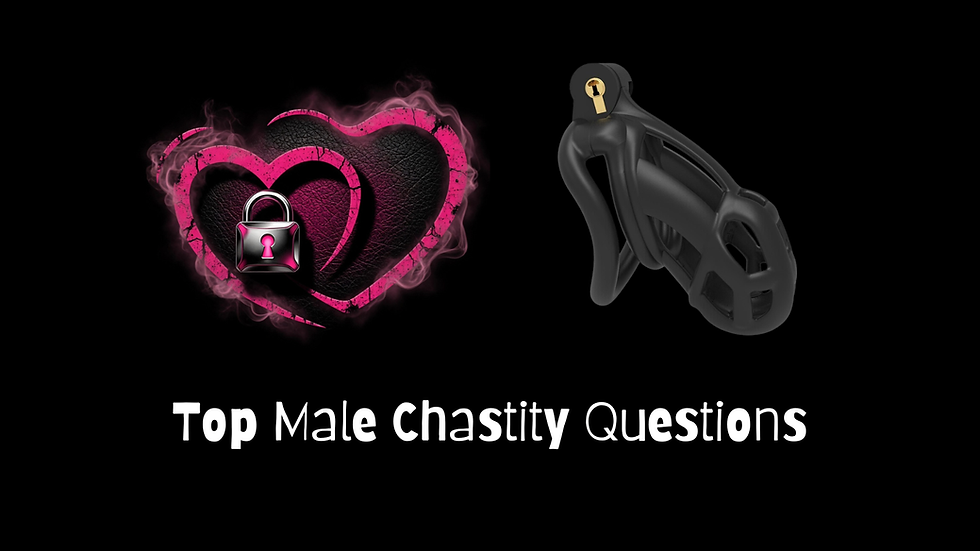 Pink locked hearts and a black chastity device on black background with text Top Male Chastity Questions