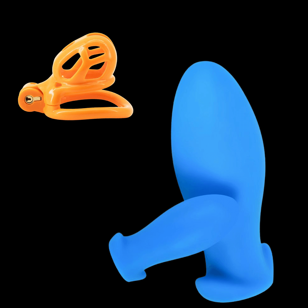 Orange clip-like cobra 3d chastity cage device beside a blue huge gape anal plug on a black background.