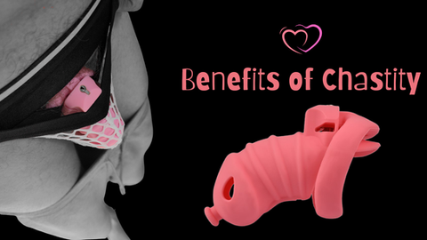 A pink chastity device shown against a black background. Text reads: Benefits of Chastity. A person wears a mesh garment.