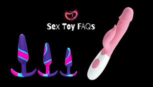 Sex Toy FAQs graphic with neon heart and three purple-pink plug toys beside a pink vibrator on black background