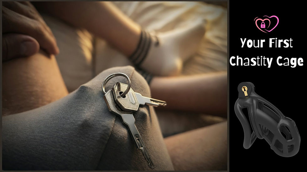 Close-up of a hand resting on a knee with keys on jeans. Text: "Your First Chastity Cage" with a black chastity cage image on the side.