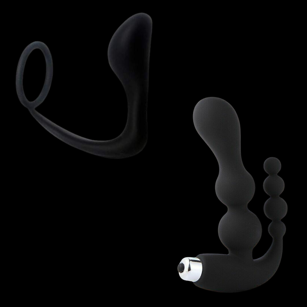 Two black silicone adult toys on a black background. One features a beaded design, and the other has a loop handle.