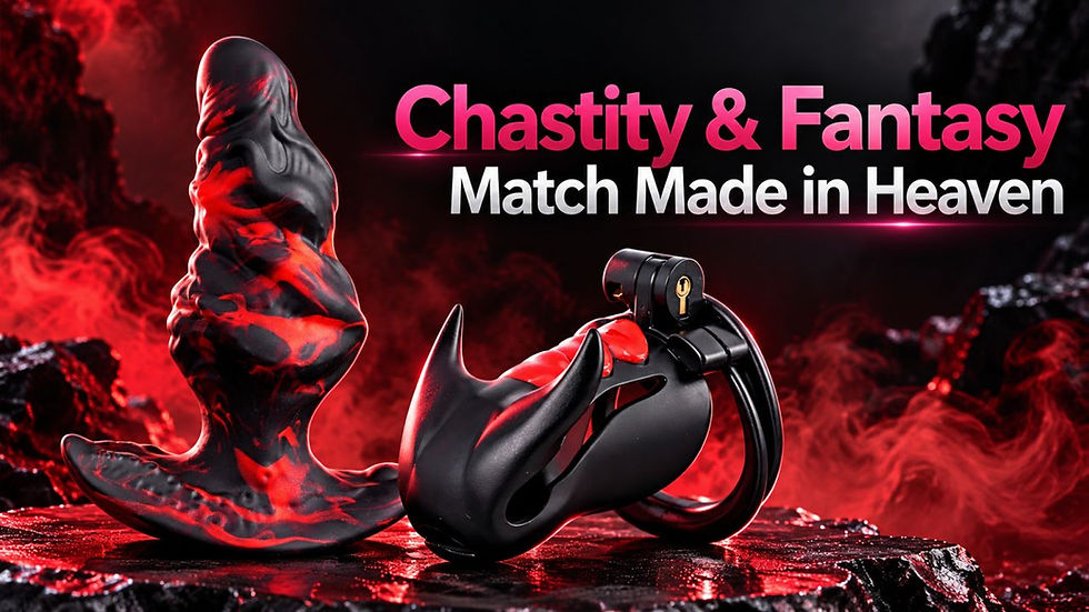 Black and red sex toys on a smoky dark rock with bold text: Chastity & Fantasy, Match Made in Heaven