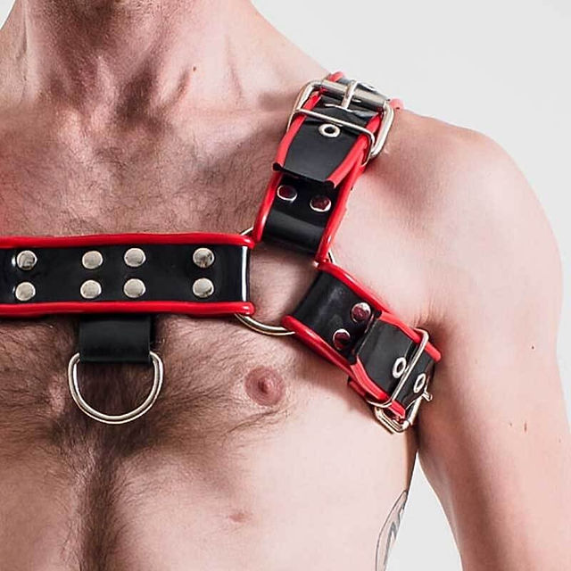 Red Fetish Harness Close Up Nipple