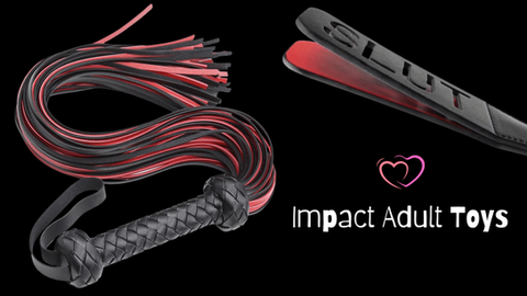 Black and red flogger and paddle with the word "SLUT" on a black background. Text: "Impact Adult Toys" with a pink heart icon.