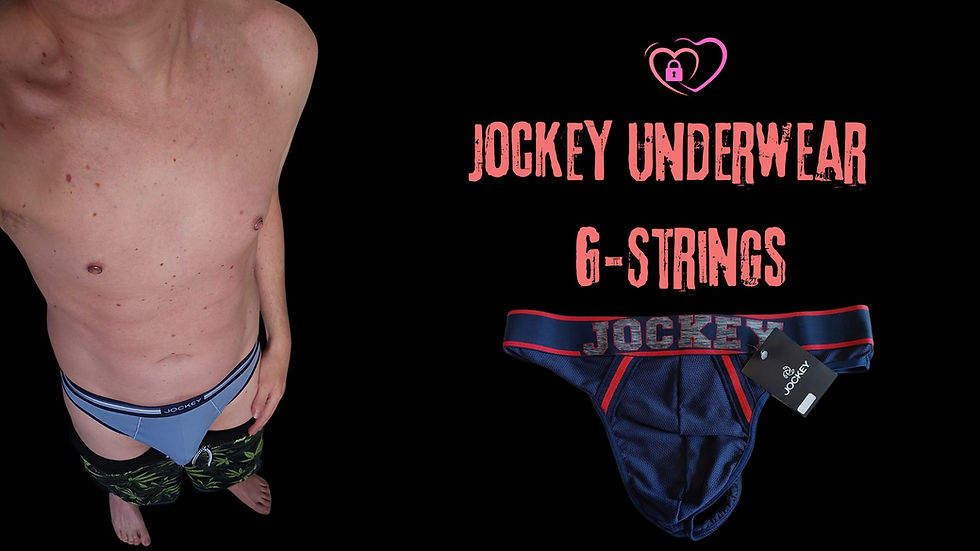 Man wearing blue Jockey underwear, with leafy shorts pulled down. Text: "Jockey Underwear G-Strings" on black background.