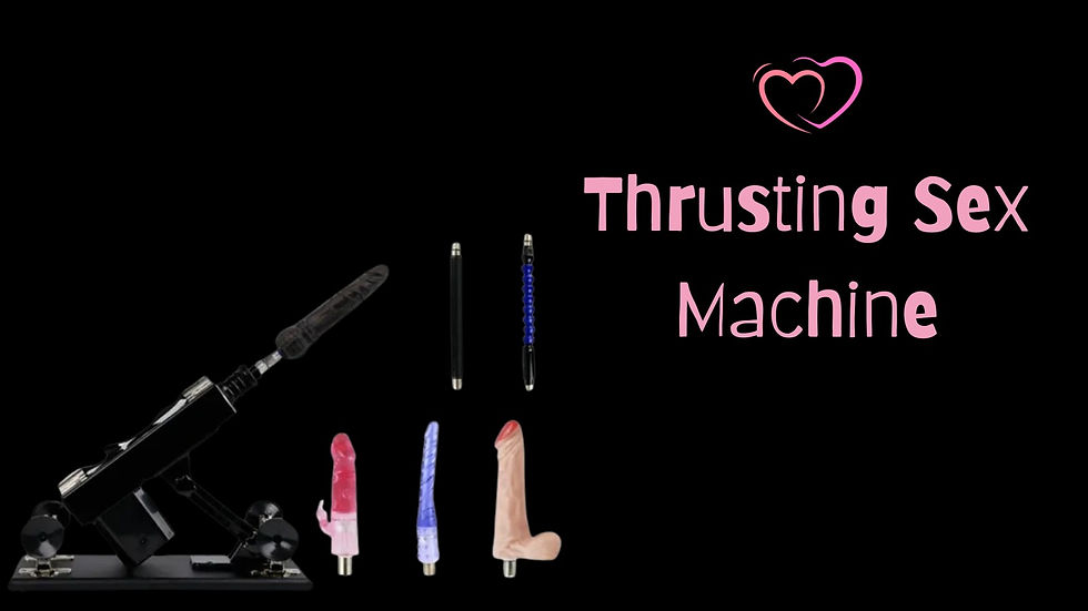 Thrusting sex machine with attachments on a black background. Pink text reads "Thrusting Sex Machine" with a heart design above.