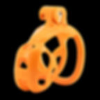 Orange plastic chastity cage with a lock mechanism and open geometric design, set against a black background.