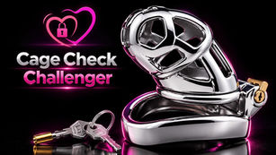Chrome chastity cage with keys on black background, pink heart lock icon, and text Cage Check Challenger.