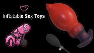 Red inflatable sex toy with a black pump on a black background. Cartoon pink toy character, text "Inflatable Sex Toys," and heart symbol.