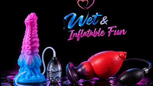 Glossy pink and red inflatable sex toys with water droplets on black background, plus Wet & Inflatable Fun text and heart logo.