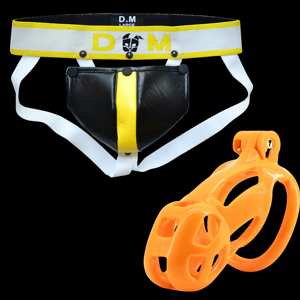Black-and-white jockstrap with yellow trim labeled D.M LARGE beside an orange safety lock on a black background.