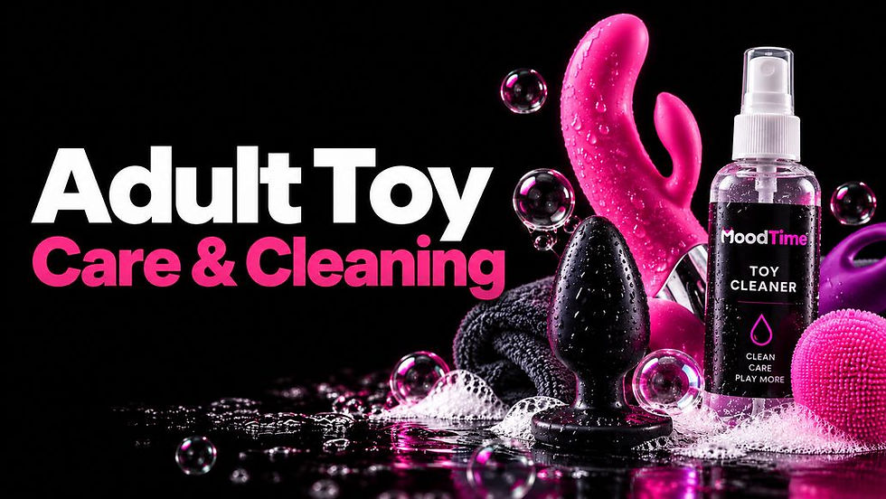 Adult toy cleaner spray with pink and black toys on a black background, labeled MoodTime Toy Cleaner and Care & Cleaning.