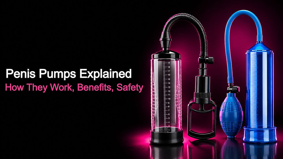 Two penis pumps on a black and magenta background with text: Penis Pumps Explained, How They Work, Benefits, Safety