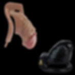 Two chastity devices, one flesh-colored, one black, both with lock mechanisms, on a black background.