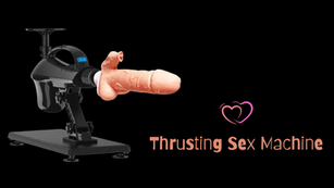 Thrusting machine with realistic design, black and pink accents on a black background. Text: "Thrusting Sex Machine" with heart graphics.