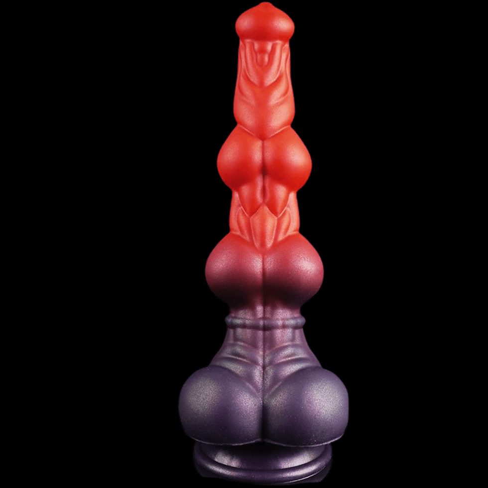Red-to-purple sculptural fantasy anal dildo object centered on a black background, glossy and surreal