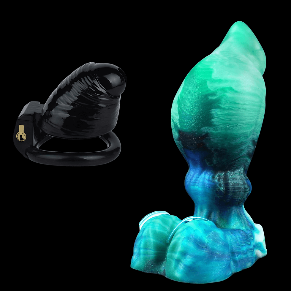 Black and teal glass-like butt plugs on a black background, one smaller on the left and one larger on the right.