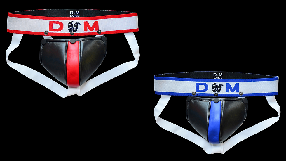 Two black protective groin guards jock straps with red and blue accents, labeled "D.M LARGE," are displayed against a black background.