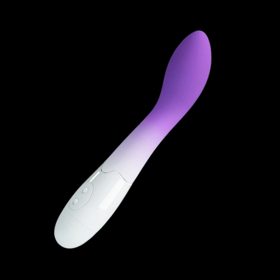 White and purple vibrator with curved design on a black background. The sleek device has a gradient color, buttons visible on the handle.